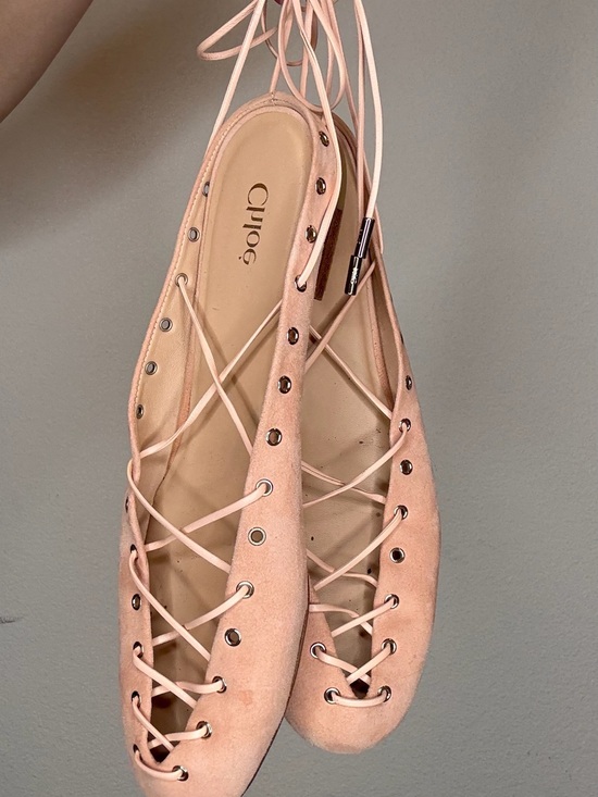 Chloe Shoes - Chloe Pale Pink Lace-Up Suede Ballet Flats
